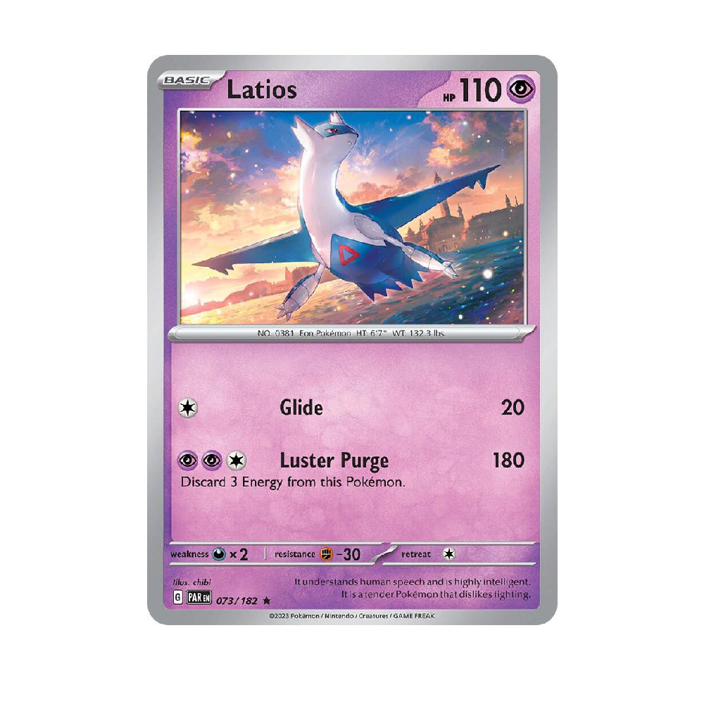 A single Pokémon trading card for Latios from the Eevee expansion, shown against a plain white background. The card has a silver border, a pink-purple gradient lower section with stats, and artwork of a white and blue dragon-like creature in a sunset sky.