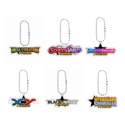Six promotional keychains with ball chains, each featuring a different anime-themed logo sticker on a white background.