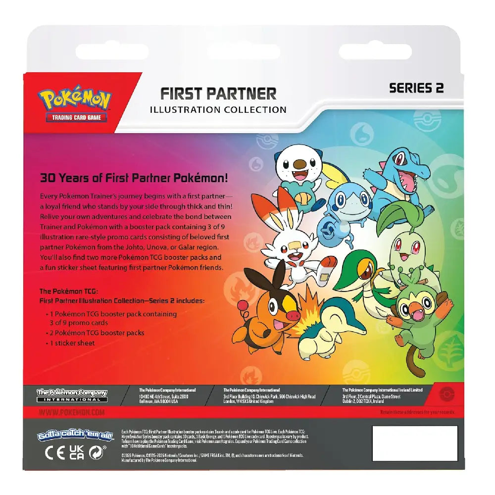 Pokémon Trading Card Game First Partner Illustration Collection Series 2 card pack packaging, featuring colorful character artwork and product details on a white and red design.