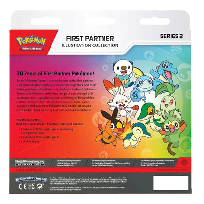 Pokémon Trading Card Game First Partner Illustration Collection Series 2 card pack packaging, featuring colorful character artwork and product details on a white and red design.