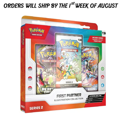 Pokémon Trading Card Game First Partner Illustration Collection Series 2 box set containing three booster packs, shown on a white background with a text banner at the top stating orders will ship by the 1st week of August.