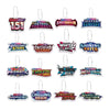 A set of 15 Magic: The Gathering sticker keychains arranged in a 3x5 grid on a plain white background. Each keychain features a colorful holographic logo representing a different hero expansion or set, complete with a silver metal key ring at the top.
