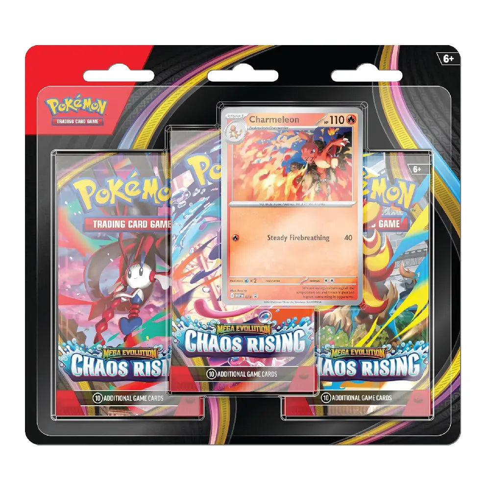 Pokémon Trading Card Game 150th Anniversary Chaos Rising booster pack set in a clear blister pack with a sample Charmeleon card displayed in the center.