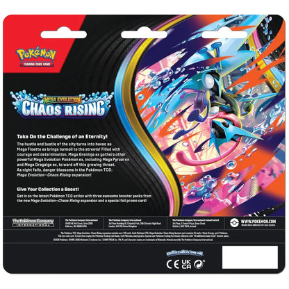 Pokémon Trading Card Game Chaos Rising booster pack card back featuring colorful character artwork, product title text, and black footer with website and regulatory information.