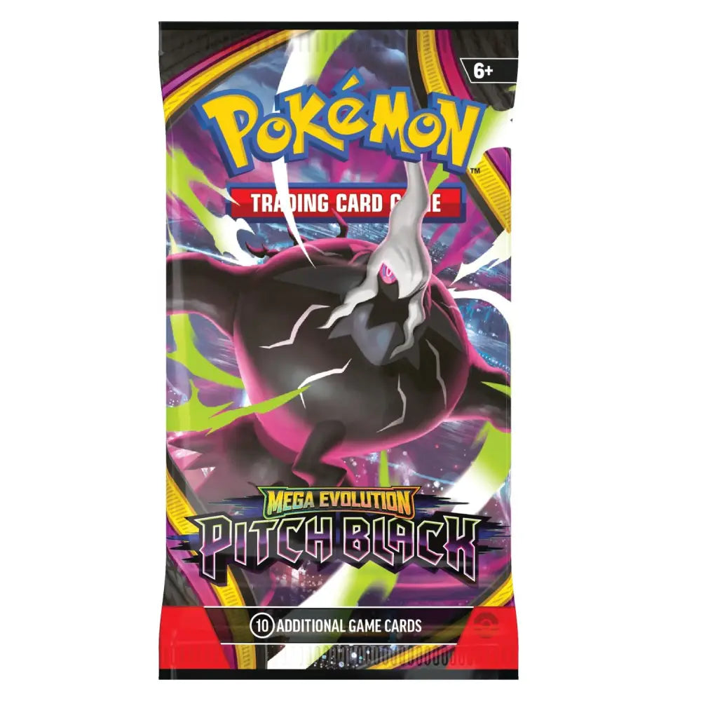 A Pokémon Trading Card Game booster pack for Mega Evolution Pitch Black, featuring artwork of the black and white Pokémon on a colorful purple, pink, and green background.