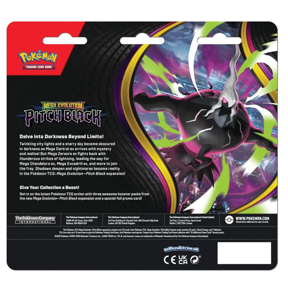 Pokémon TCG trading card game box back art for Mega Evolution Pitch Black, featuring a large illustrated monster on the right and product information on the left, with the Pokémon logo at the top left.