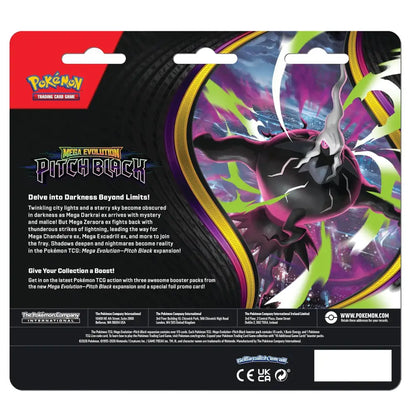 Pokémon TCG trading card game box back art for Mega Evolution Pitch Black, featuring a large illustrated monster on the right and product information on the left, with the Pokémon logo at the top left.
