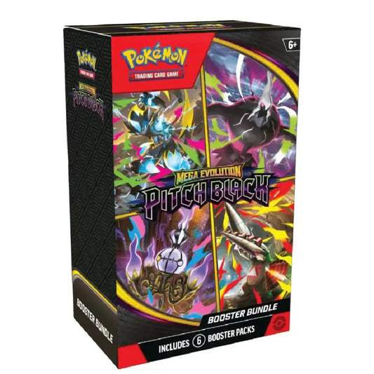 Pokémon Trading Card Game Mega Evolution Pitch Black Booster Bundle box, featuring vibrant artwork of the game's characters on the front and black textured sides.