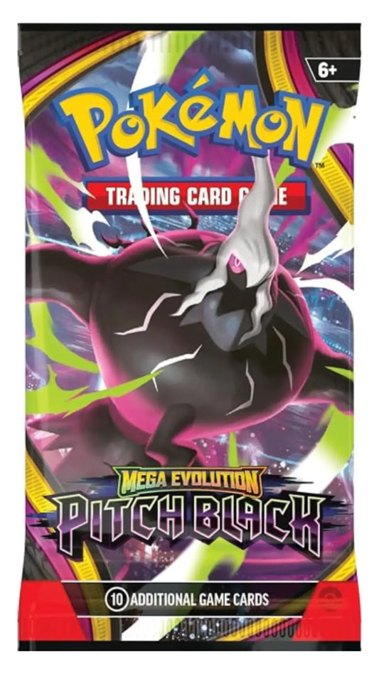 Pokémon Mega Evolution Pitch Black trading card game booster pack, featuring artwork of the Pitch Black character with a black and white body, pink accents, and a colorful purple, green, and yellow background.