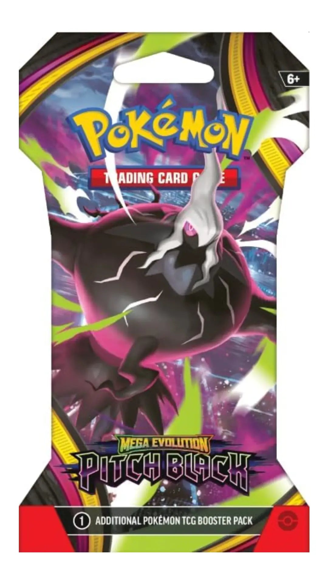 Pokémon Trading Card Game Mega Evolution Pitch Black booster pack card sleeve, featuring artwork of Pitch Black with a 6+ age rating.