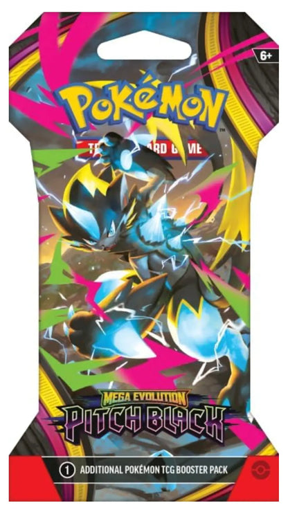 Pokémon TCG Mega Evolution Pitch Black booster pack packaging featuring a dynamic illustration of a blue and black electric creature with pink, yellow, and gray graphic accents.