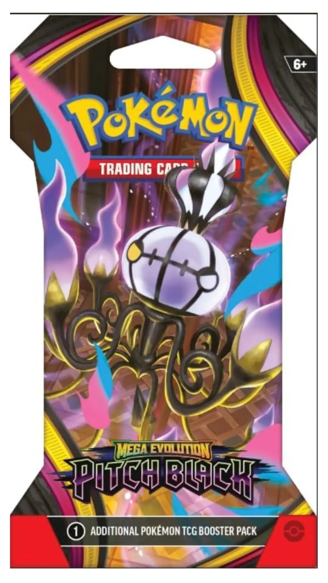 Pokémon Trading Card Game Mega Evolution Pitch Black booster pack card packaging, featuring colorful artwork of a Pokémon character and the official Pokémon logo.