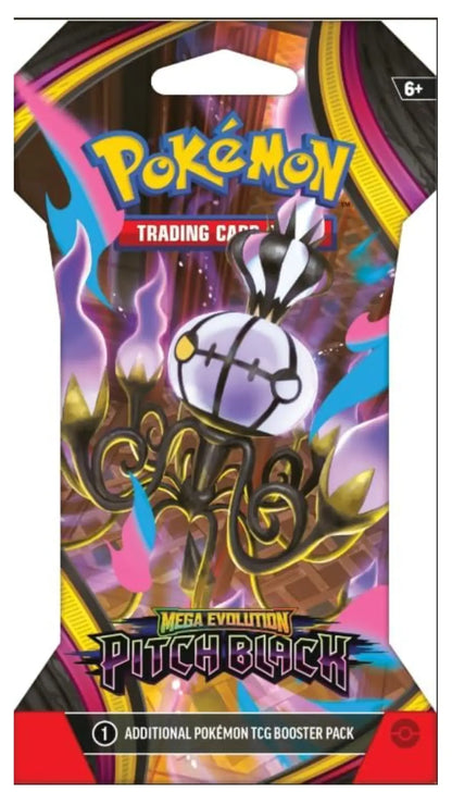 Pokémon Trading Card Game Mega Evolution Pitch Black booster pack card packaging, featuring colorful artwork of a Pokémon character and the official Pokémon logo.