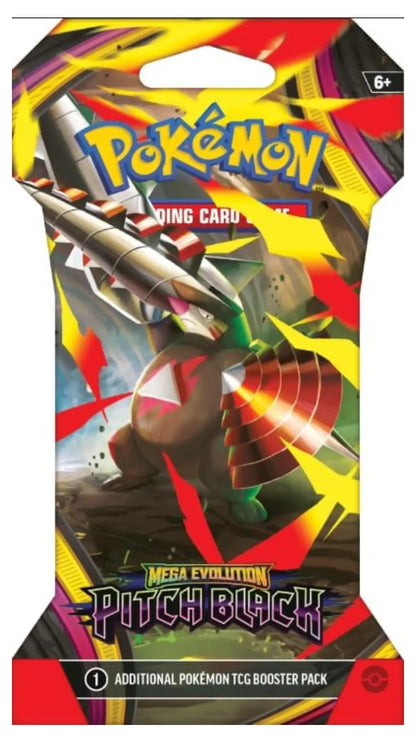 Pokémon TCG booster pack packaging for Mega Evolution Pitch Black, featuring artwork of a dark, metallic creature with red and yellow energy effects on a dynamic illustrated background.
