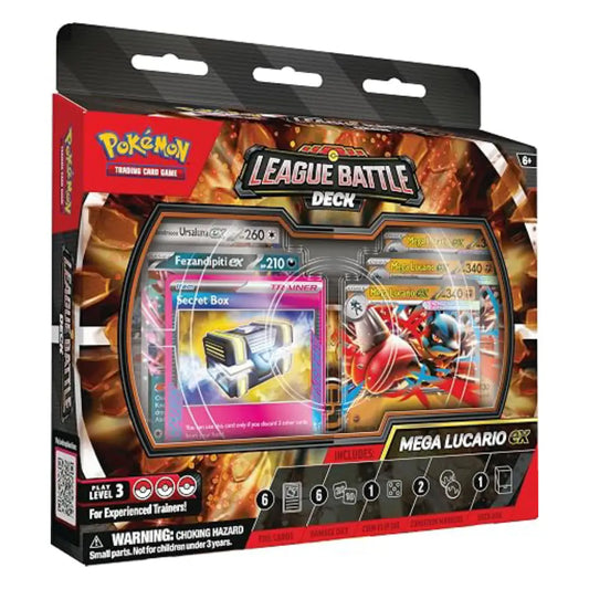Pokémon League Battle Deck Mega Lucario EX trading card game box on a plain white background.