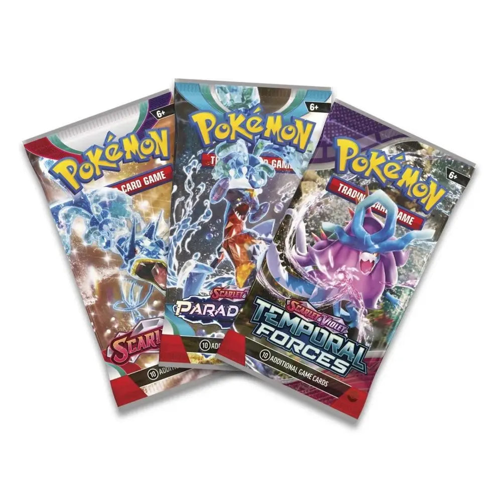 Three Pokemon trading card game packs on a white background