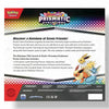 Back of a Pokémon TCG Scarlet & Violet Prismatic Evolutions poster collection package, showing product details, character illustrations, and a dark footer with logos and text.