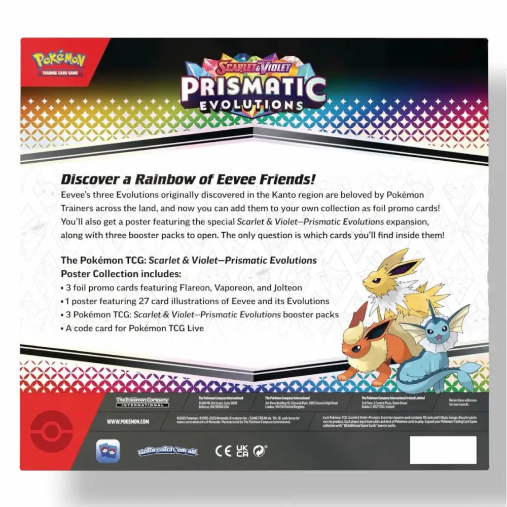 Back of a Pokémon TCG Scarlet & Violet Prismatic Evolutions poster collection package, showing product details, character illustrations, and a dark footer with logos and text.
