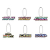 Six Yu-Gi-Oh! character keychains arranged in a 2x3 grid on a plain white background. The keychains feature colorful Japanese logos for various characters, each attached to a silver ball chain.