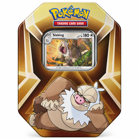 Pokémon TCG Slaking Collector Tin featuring Slaking Pokémon artwork, a metallic gold and brown geometric design, and a collectible Slaking card displayed in the center.