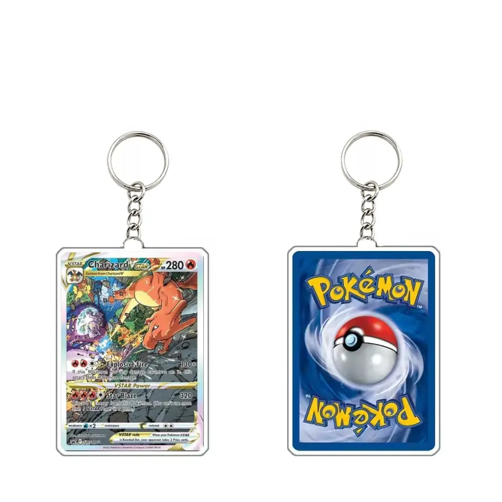 Two Pokémon acrylic keychains shown side by side on a plain white background. The left keychain features a colorful Pokémon trading card design, and the right keychain shows the blue Pokémon logo with a red-and-white ball graphic.