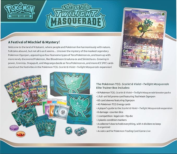 Pokémon Trading Card Game Scarlet & Violet Twilight Masquerade packaging with cards and accessories.