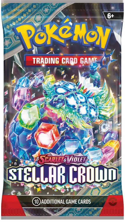 Pokémon Trading Card Game Stellar Crown pack with colorful design and text.