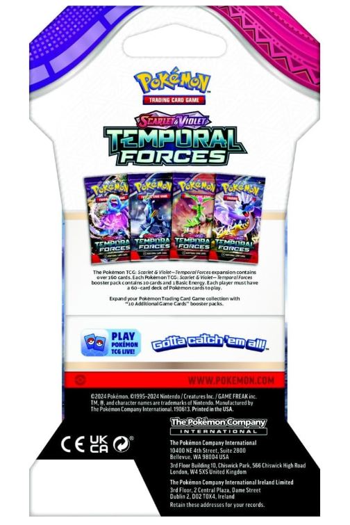 Pokémon Trading Card Game Temporal Forces packaging with images of cards on a white background.