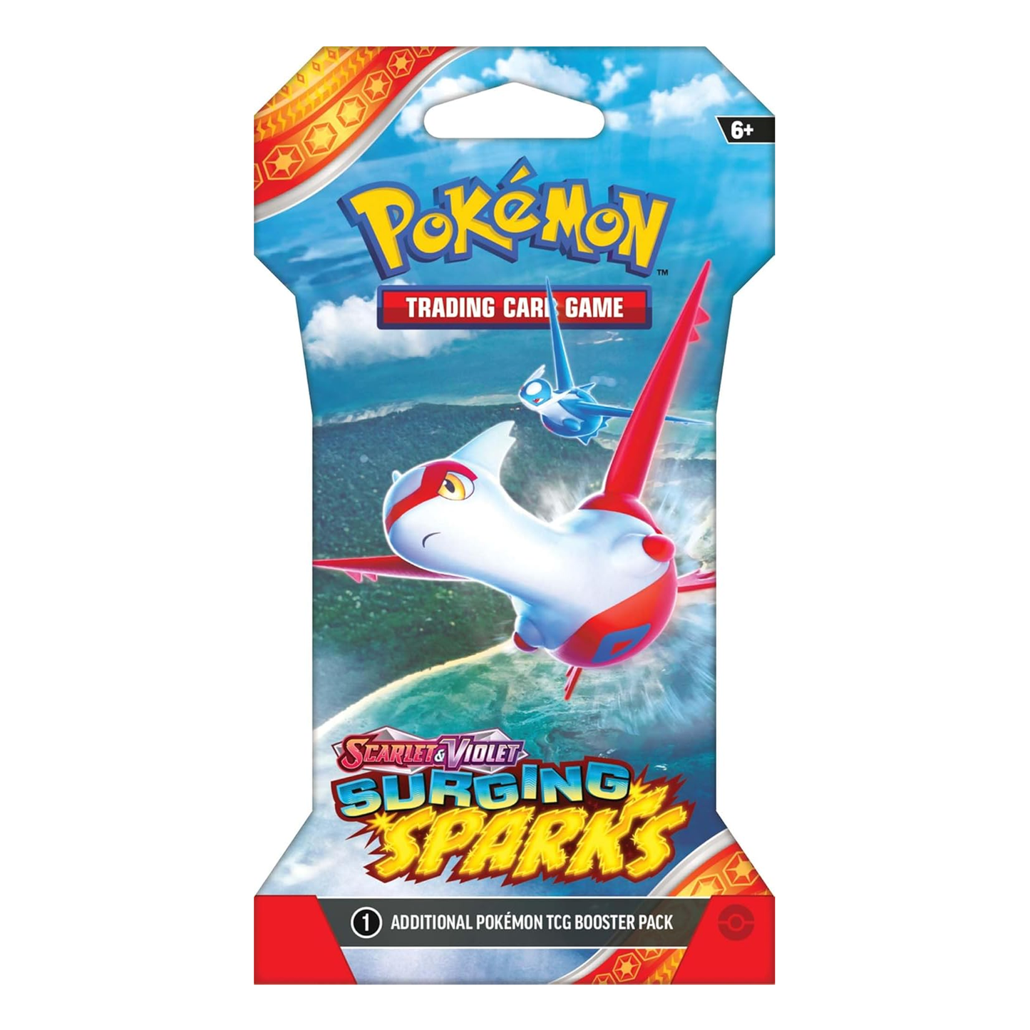 Pokémon Trading Card Game booster pack with a Pokémon character on a blue and red background
