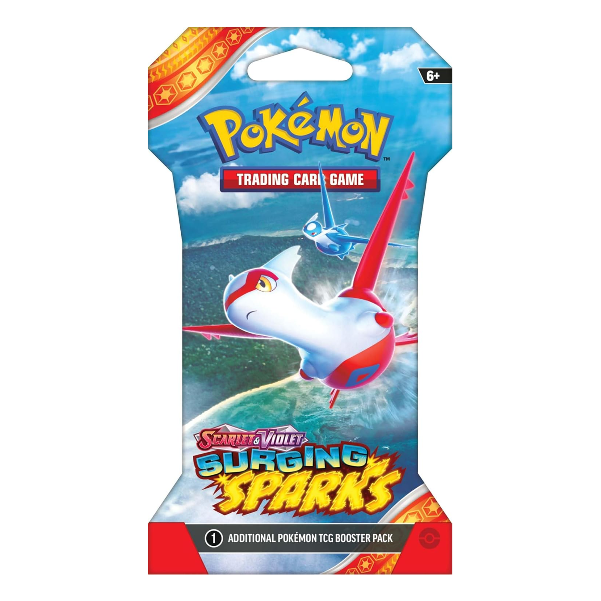 Pokémon Trading Card Game booster pack with a Pokémon character on a blue and red background
