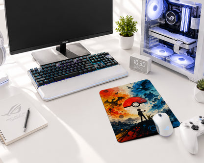 A desk setup scene showing a rectangular gaming mousepad with a colorful fantasy illustration and Pokéball motif, placed on a white desk alongside a keyboard, monitor, computer tower, mouse, controller, clock, notebook, and small plants. The mousepad is the likely product, and the image includes dimension lines reading 25 cm and 21 cm.