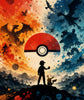 A stylized fantasy artwork featuring a silhouetted character standing on a hill with a Poké Ball centered above them, surrounded by dragons, birds, and a blue-and-orange painted landscape. The Poké Ball is the most salient sellable object, and the scene appears to be a digital illustration rather than a straightforward product photo.