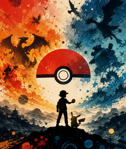 A stylized fantasy artwork featuring a silhouetted character standing on a hill with a Poké Ball centered above them, surrounded by dragons, birds, and a blue-and-orange painted landscape. The Poké Ball is the most salient sellable object, and the scene appears to be a digital illustration rather than a straightforward product photo.