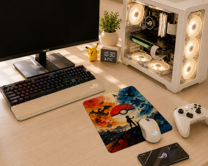 A styled desktop setup on a light wood desk featuring a large printed mousepad with a Pokémon theme, a white ASUS ROG mouse, and keyboard, alongside a monitor, controller, phone, and a white PC case with illuminated fans.