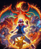 A colorful anime-style illustration of a young trainer with a red-and-white cap, surrounded by multiple Pokémon including Charizard, Pikachu, Eevee, and others in a dramatic fiery composition on a dark background.