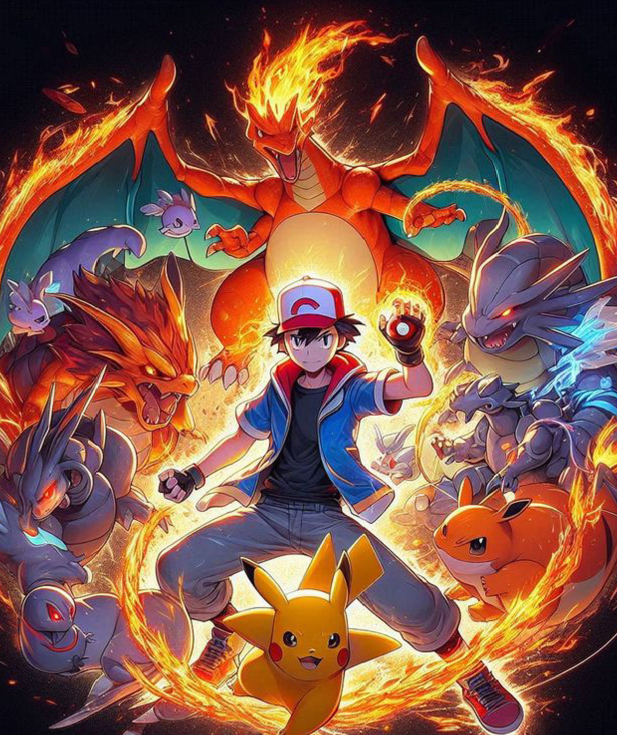 A colorful anime-style illustration of a young trainer with a red-and-white cap, surrounded by multiple Pokémon including Charizard, Pikachu, Eevee, and others in a dramatic fiery composition on a dark background.