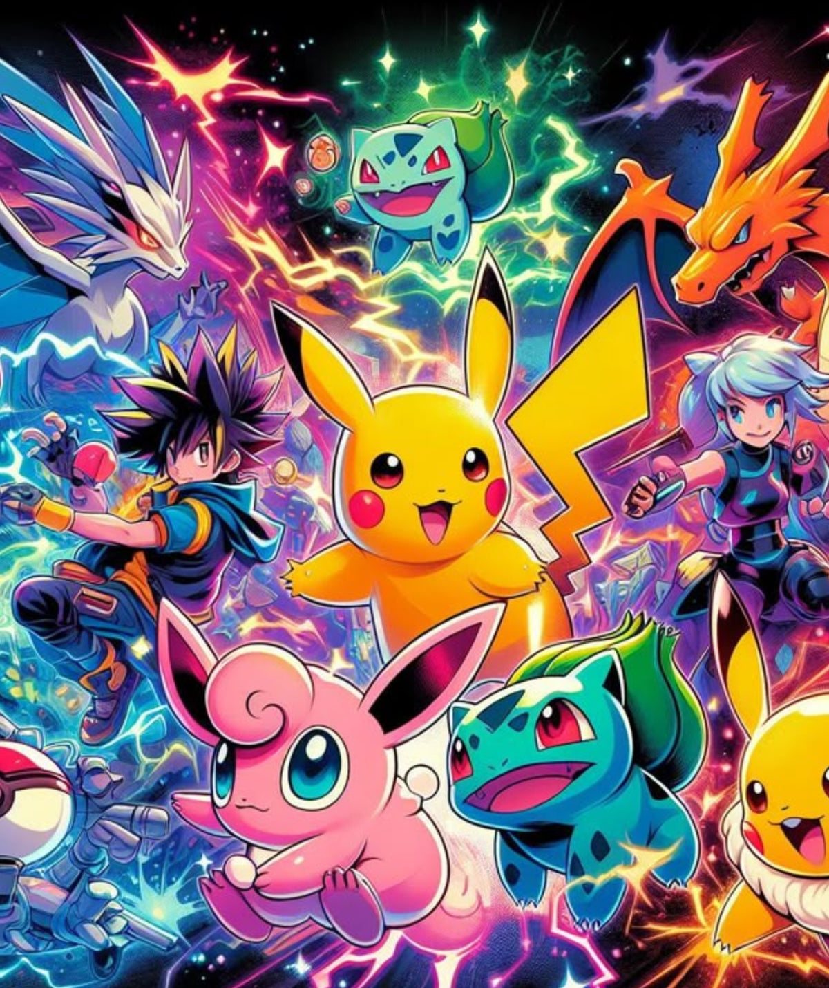 A vibrant, colorful anime-style illustration featuring a group of Pokémon characters including Pikachu, Eevee, Bulbasaur, Charizard, Cyndaquil, Togepi, and a trainer with blue hair, set against a dynamic cosmic background with lightning and energy effects.