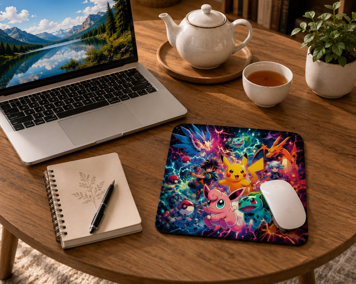 A large rectangular gaming mousepad with a colorful Yu-Gi-Oh! anime character print, shown on a wooden desk with a black gaming mouse resting on it. Surrounding the mousepad are a keyboard, monitor, PC tower with RGB lighting, and headphones.