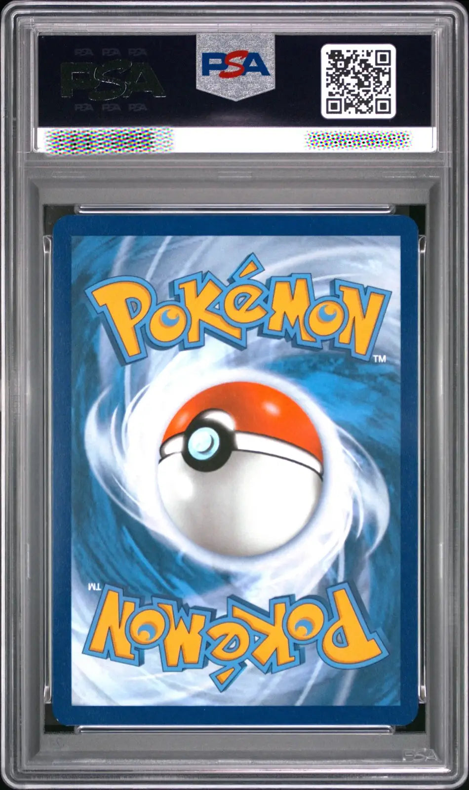 A PSA graded Pokémon card featuring a blue card back with a large Pokémon ball illustration and yellow 'Pokémon' logo text, sealed inside a clear PSA grading case.