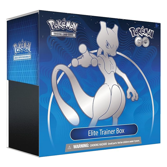 Pokémon trading card game Elite Trainer Box packaging with Mewtwo illustration on a blue background