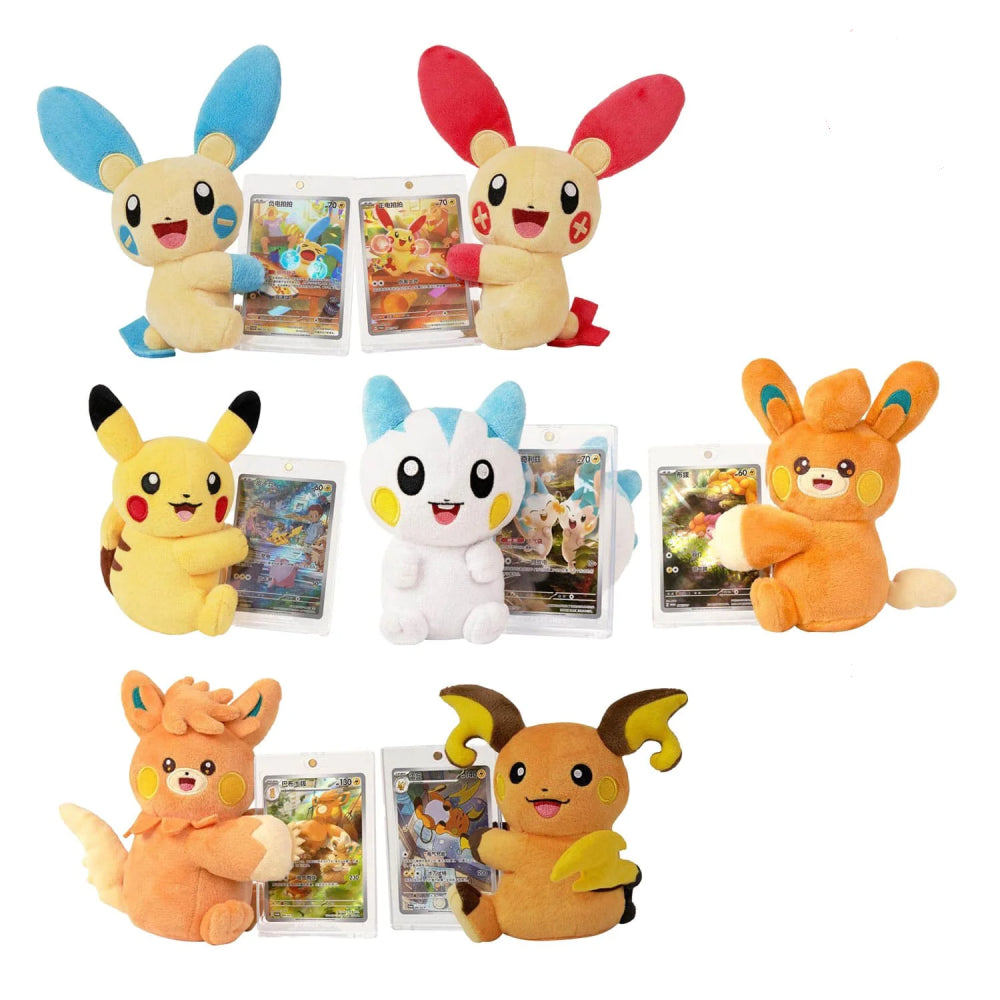 A set of plush toy Pokémon characters arranged on a white background, each holding or standing beside a small Pokémon card. The collection includes yellow, cream, blue, red, orange, and brown variants.