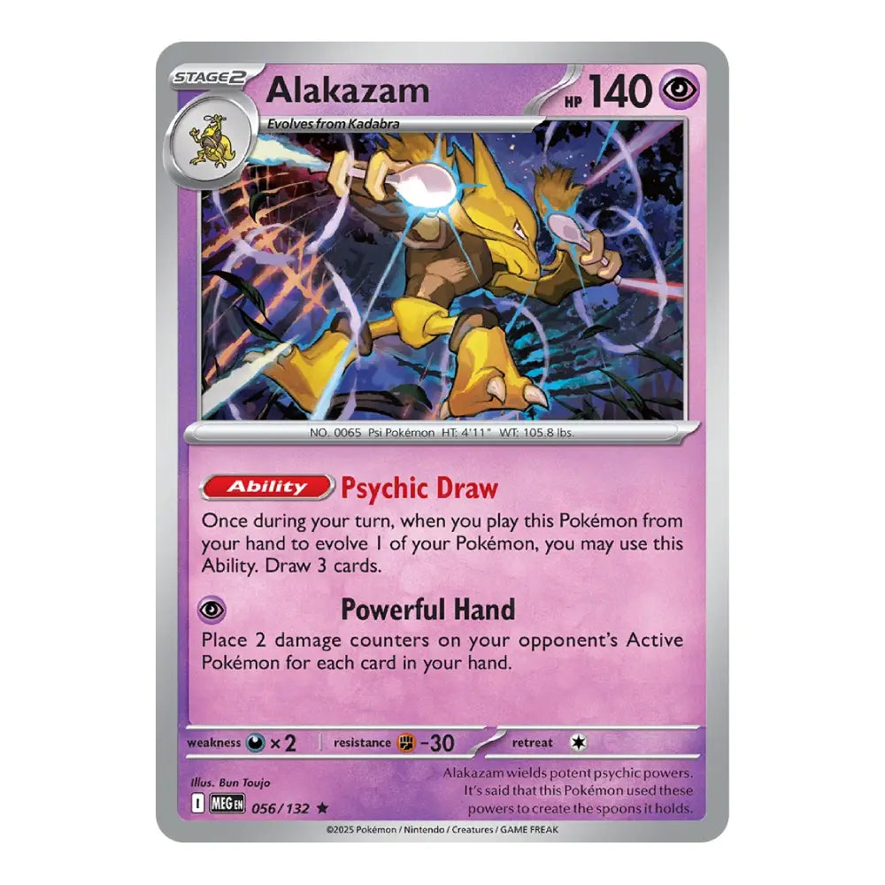A single Pokémon trading card for Alakazam, shown straight-on against a plain white background. The card has a silver border, a purple and pink header, and artwork of the yellow Alakazam character in the center.