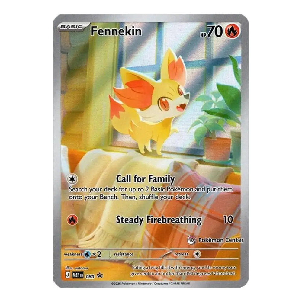 A single Pokémon trading card for Fennekin from the Basic set, shown against a plain white background. The card features artwork of a yellow-orange Fennekin standing by a window, with game text and Pokémon branding visible.