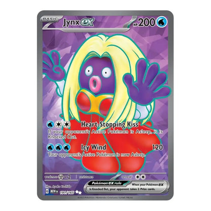 A single Pokémon trading card featuring Jynx EX from the Silver Tempest expansion. The card has a purple geometric background, Jynx with bright yellow hair and red clothing, and silver-gray card borders with black text.