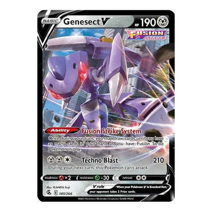 A single Pokémon trading card for Genesect V from the Fusion Strike expansion, featuring a purple and gray robot design with red accents on a black card border.