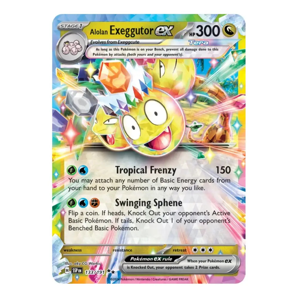 A single Pokémon trading card featuring Alolan Exeggutor EX from theGX Teraion set, with a colorful, dynamic illustration of the Pokémon and its effects text on a white card face.