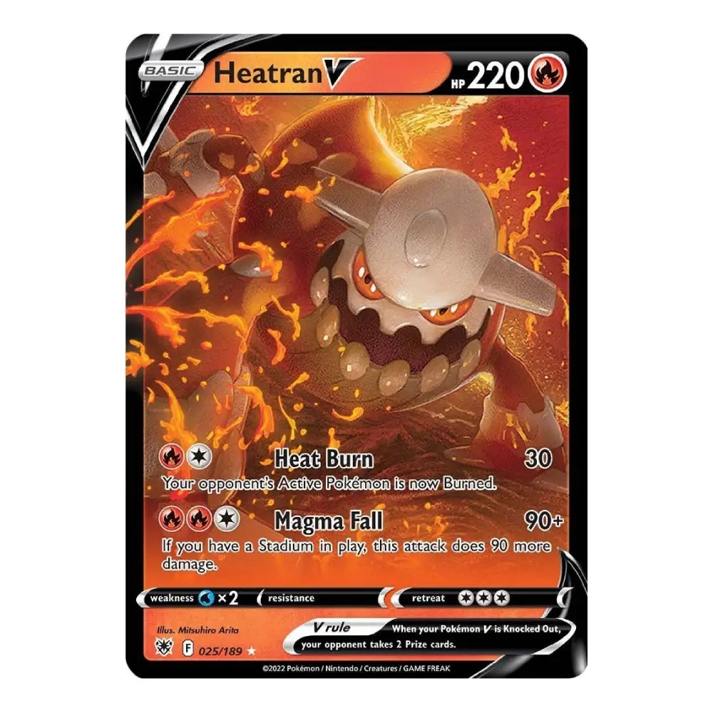 A single Pokémon trading card for Heatran V from the Basic set, featuring artwork of the fire-type Pokémon against a fiery orange and red background, with black card border and text details.