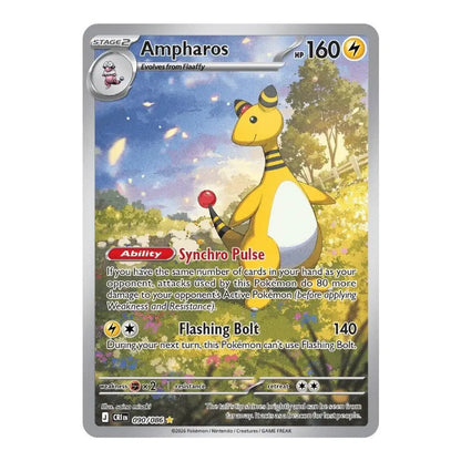 A single Pokémon trading card for Ampharos, shown flat against a plain white background. The card features Ampharos standing in a grassy field at dusk, with a silver border and printed game text including 'Stage 2', '160', and move names 'Synchro Pulse' and 'Flashing Bolt'.