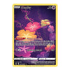A single Pokémon trading card for Comfrey from the Eevee expansion, featuring a purple background with pink and orange flowers and a small green-and-yellow bird. The card has a yellow border and visible Pokémon branding at the bottom.