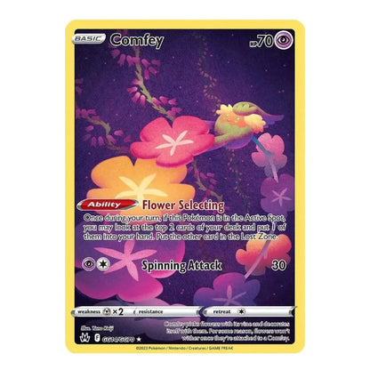 A single Pokémon trading card for Comfrey from the Eevee expansion, featuring a purple background with pink and orange flowers and a small green-and-yellow bird. The card has a yellow border and visible Pokémon branding at the bottom.